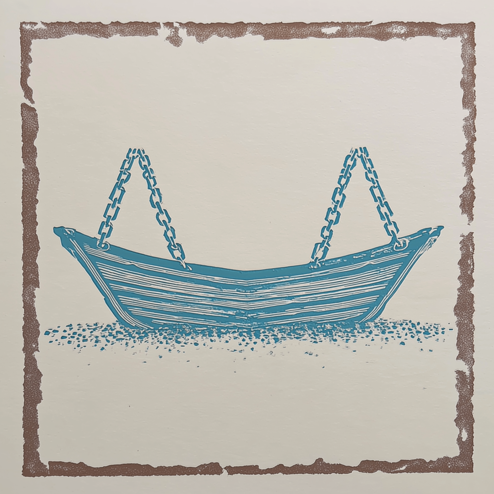 Hand-rendered letterpress icon of a chain-suspended boat lift cradle — boat lift installation services in Austin