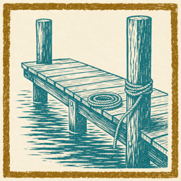 Hand-rendered letterpress icon of a cedar piling dock with coiled mooring line — custom boat dock construction on Lake Travis