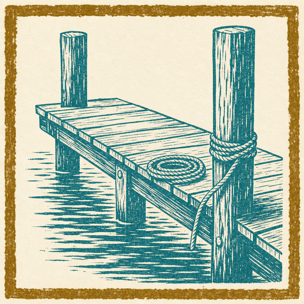 Hand-rendered letterpress icon of a cedar piling dock with coiled mooring line — custom boat dock construction on Lake Travis