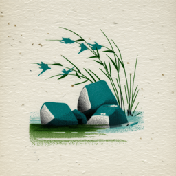 Hand-rendered letterpress icon of stabilized shoreline rocks with native reeds — engineered shoreline erosion control