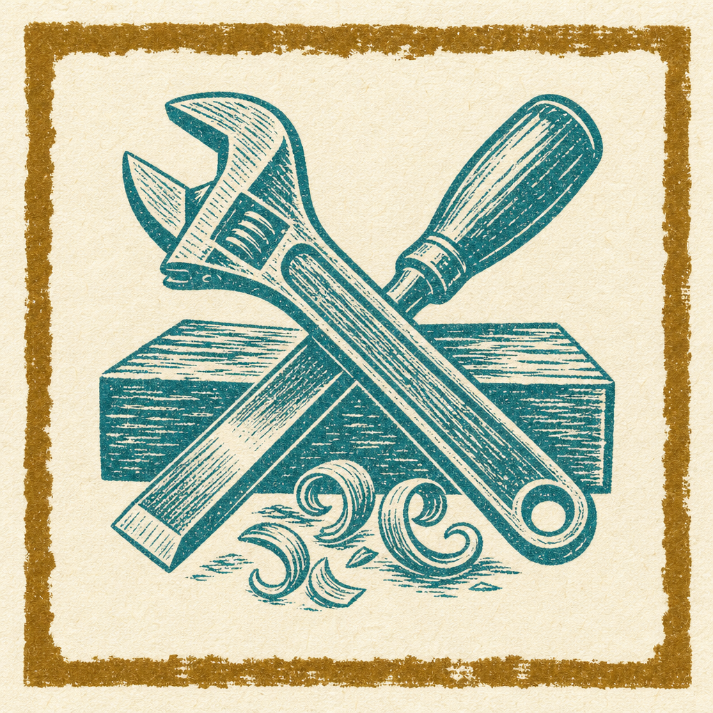 Hand-rendered letterpress icon of crossed wrench and chisel on a wood block — dock maintenance and repair services