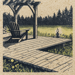 Hand-rendered letterpress icon of a pergola, Adirondack chair, and lakefront deck — luxury outdoor design and lakefront remodeling