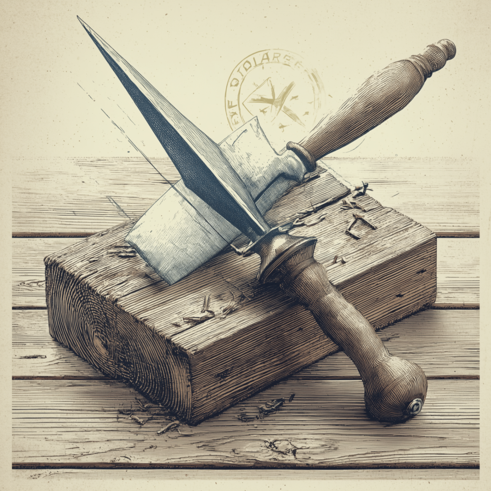 Hand-rendered letterpress icon of a steel marlinspike driven through wood — Techno Metal Post helical pier foundations