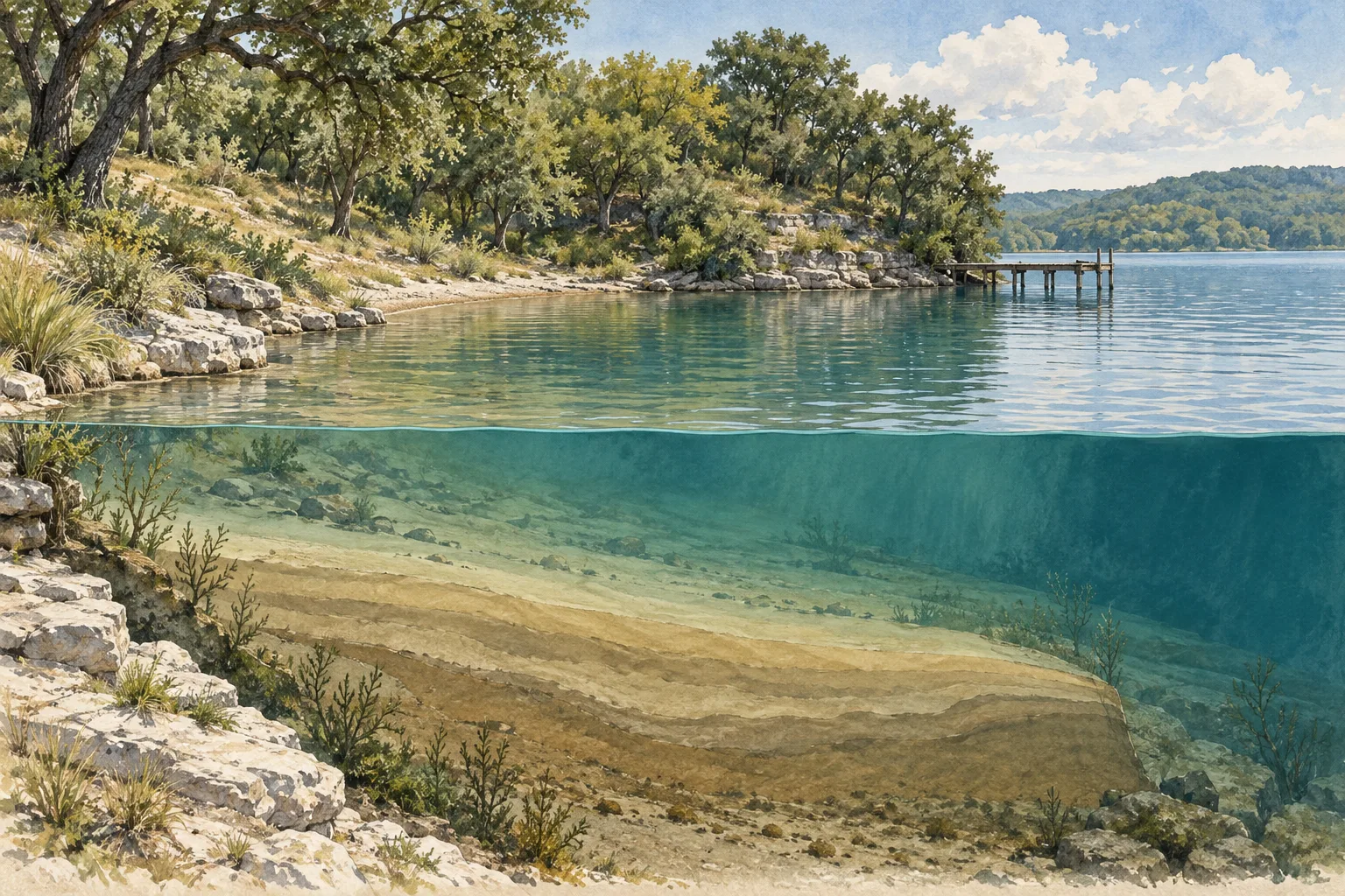 AI-generated cutaway illustration of sediment beneath a sheltered lakefront cove; conceptual and not to scale.