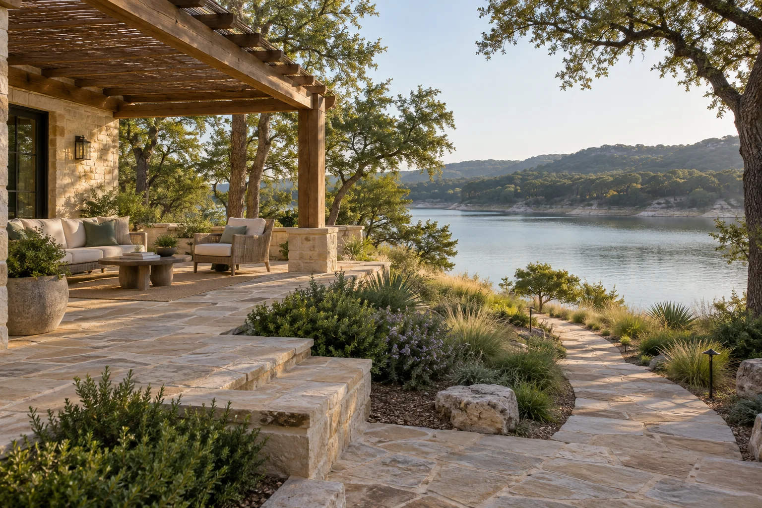 Concept of a limestone patio, timber shade structure and planted waterfront path.