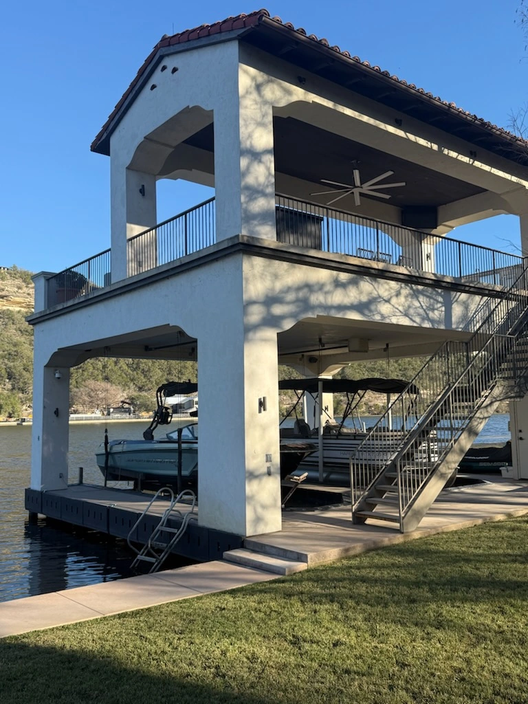 Approved ATX Lakescapes photograph of dock and boathouse work (F07).