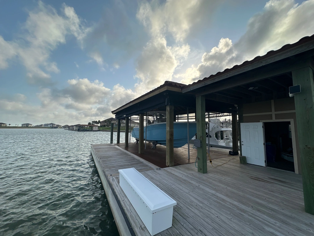 Approved ATX Lakescapes photograph of dock and boathouse work (F09).