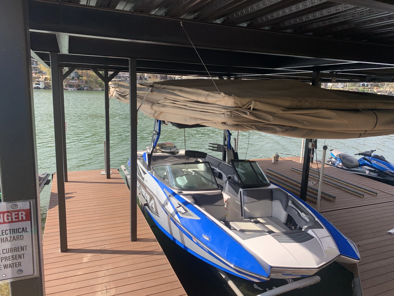 Approved ATX Lakescapes photograph of dock and boathouse work (F34).