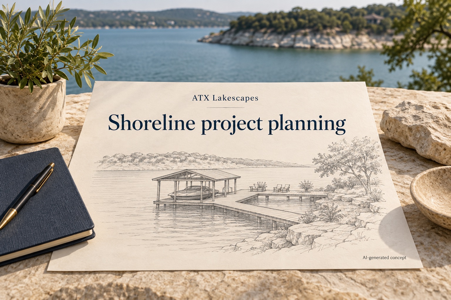 Illustrative shoreline planning scene with a dock sketch.